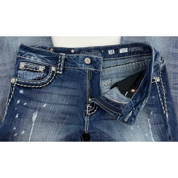 Miss Me Boyfriend Capri Distressed Jeans Flap Pocket Stretch Blue Womens 28x25 - Picture 9 of 11